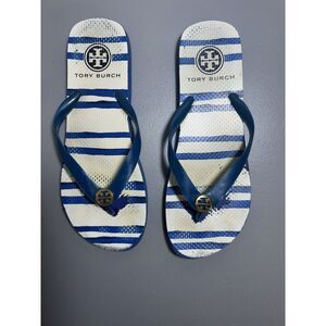Tory Burch Womens Sandals Size 9 White and Blue Stripe Slip‎ On Heels